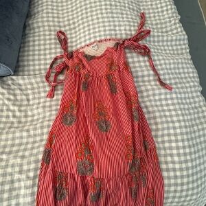 Red Striped Floral Dress with Ties